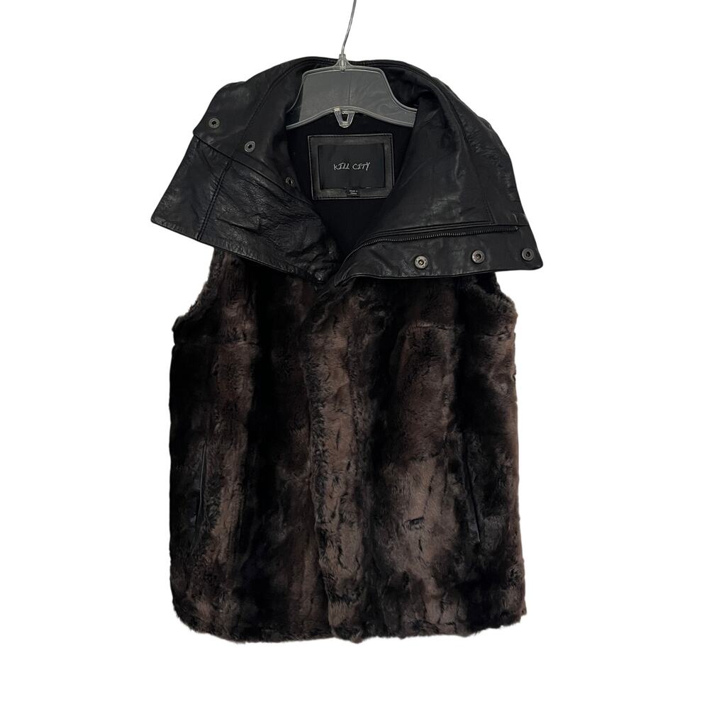 Kill City Faux Fur Leather Oversized Collar Moto Vest XS Punk Steampunk Goth